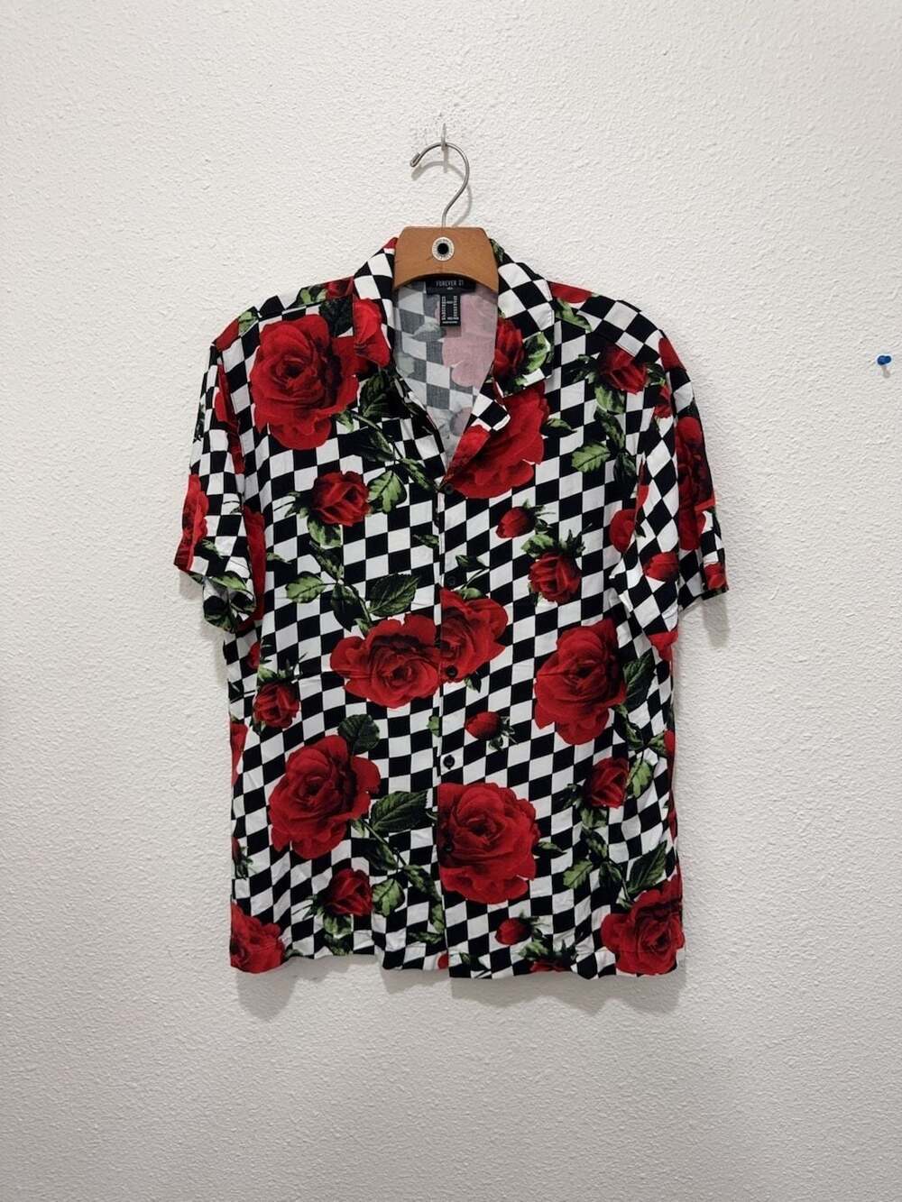 Forever 21 Rose Checkerboard Short Sleeve Button Up Men's Shirt